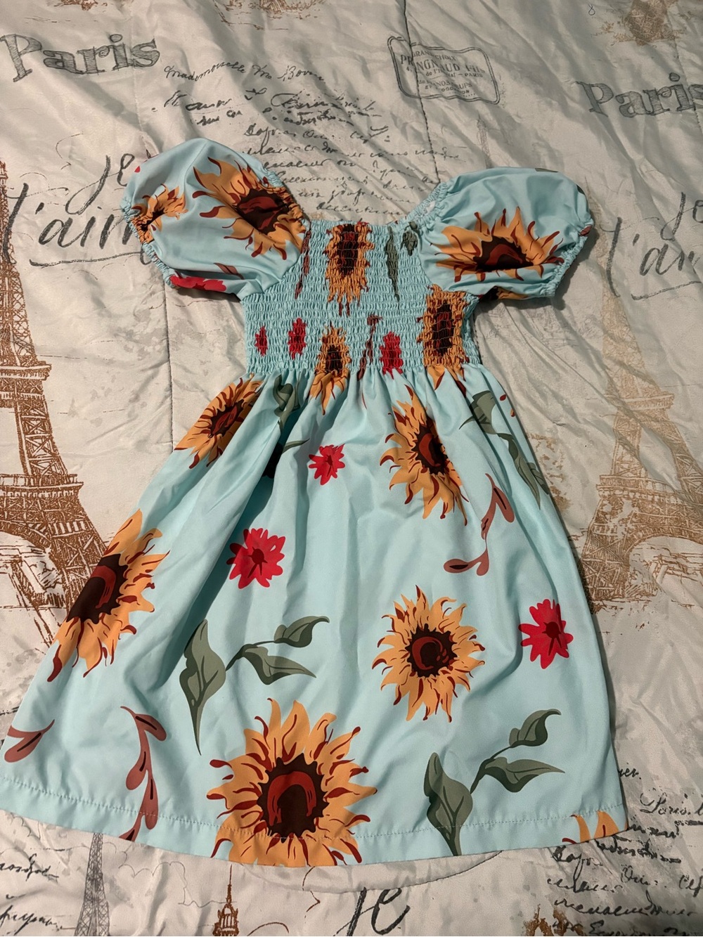 SHEIN Light Blue Sunflower Puff-Sleeve Dress with Red Floral Accents